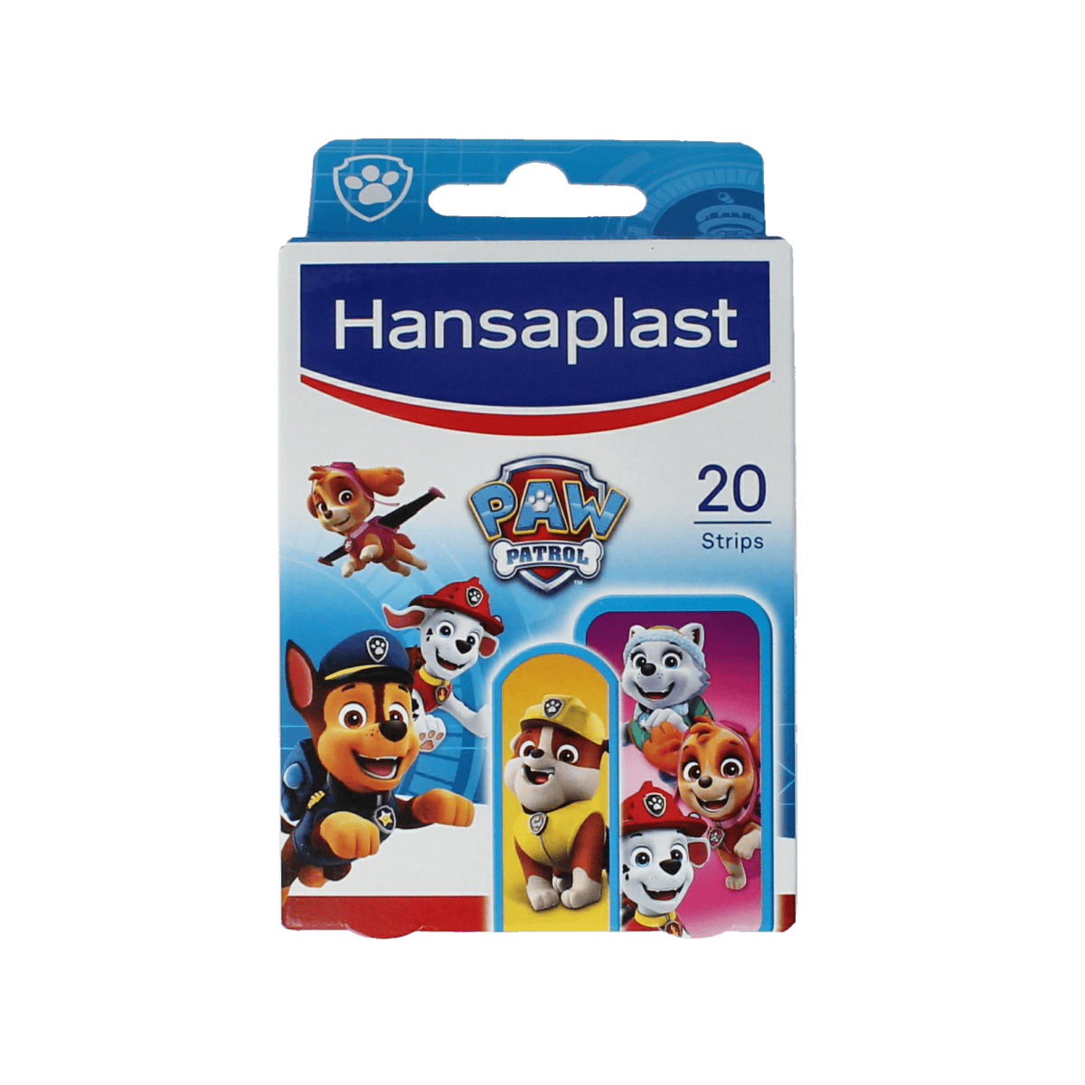 Hansaplast Kids Paw Patrol bandage pack with 20 adhesive plasters featuring Paw Patrol characters for children.
