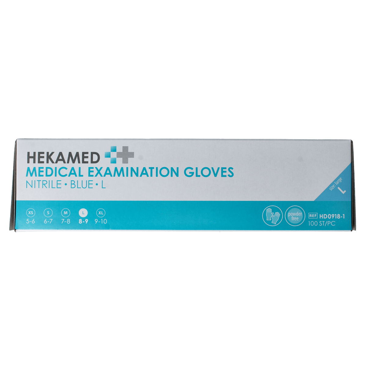 Heka Hekamed soft nitril medical gloves size L, pack of 100, showing blue disposable gloves for healthcare protection.
