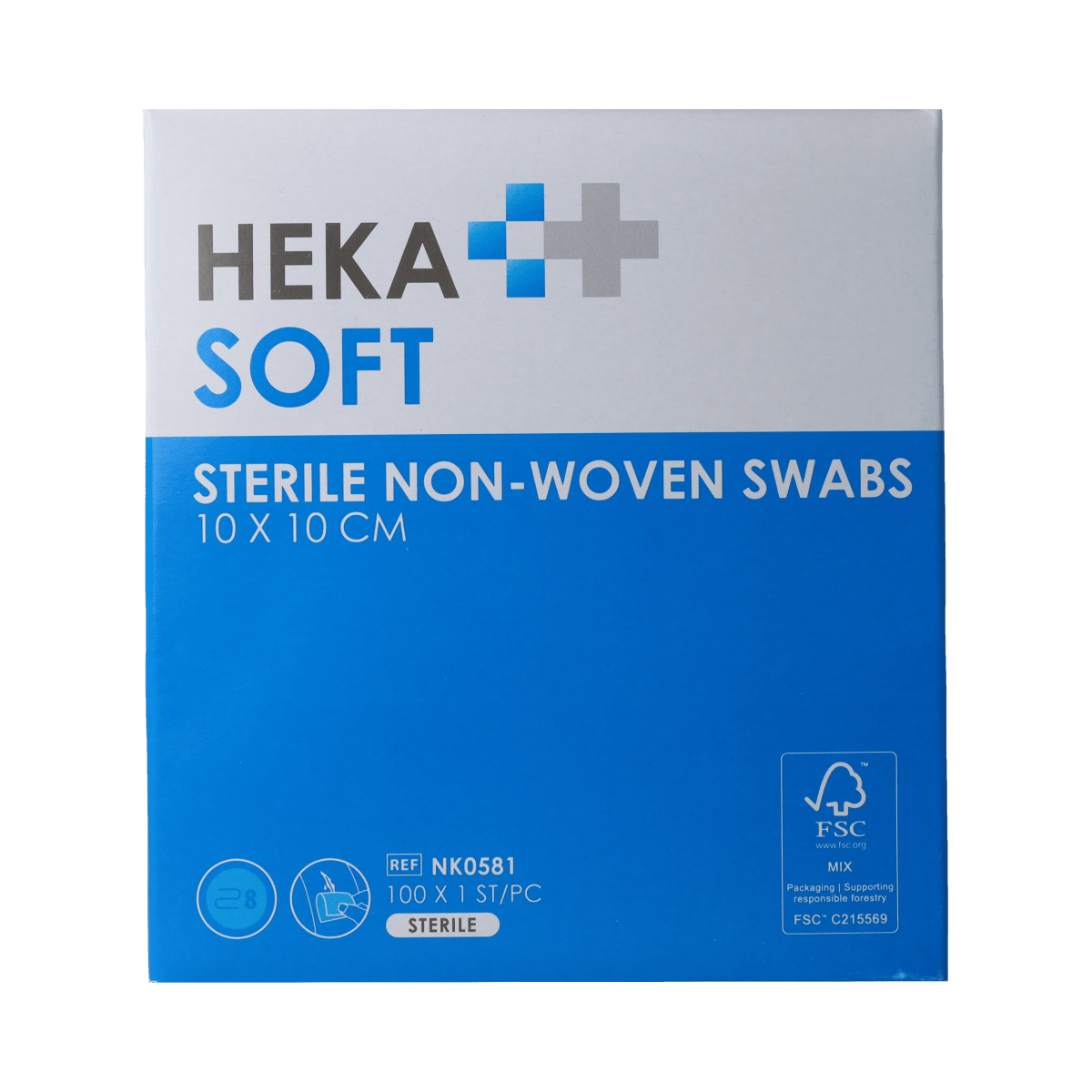 Heka Soft non-woven gauze compresses 10x10cm, pack of 100 sterile medical gauze pads for wound care and dressings.