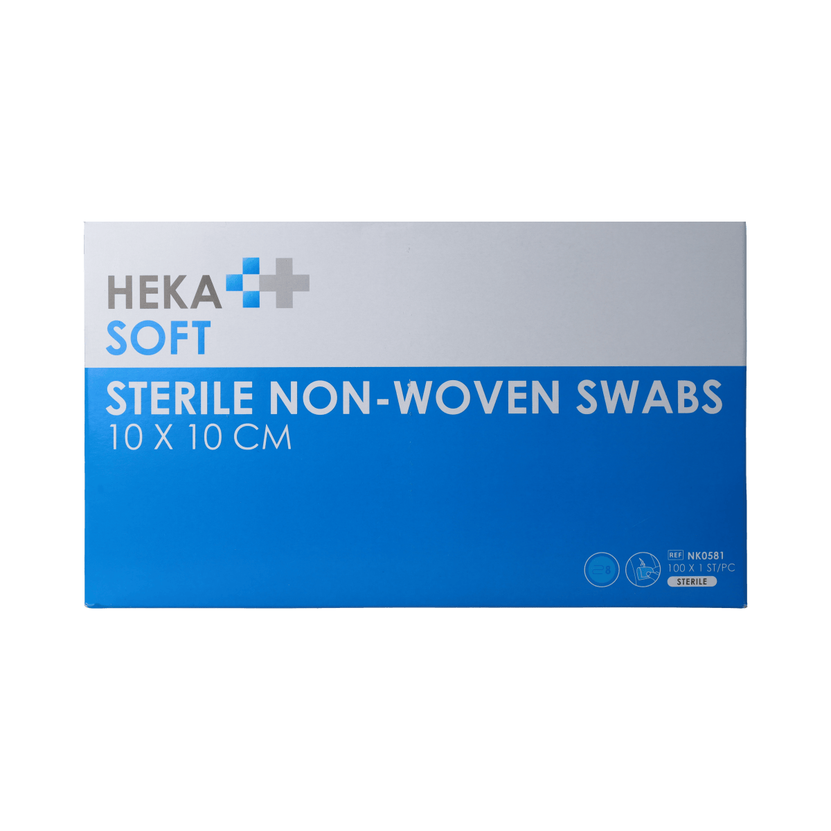 Heka Soft non-woven gauze compresses 10x10cm, pack of 100 sterile medical gauze pads for wound care and dressing applications.