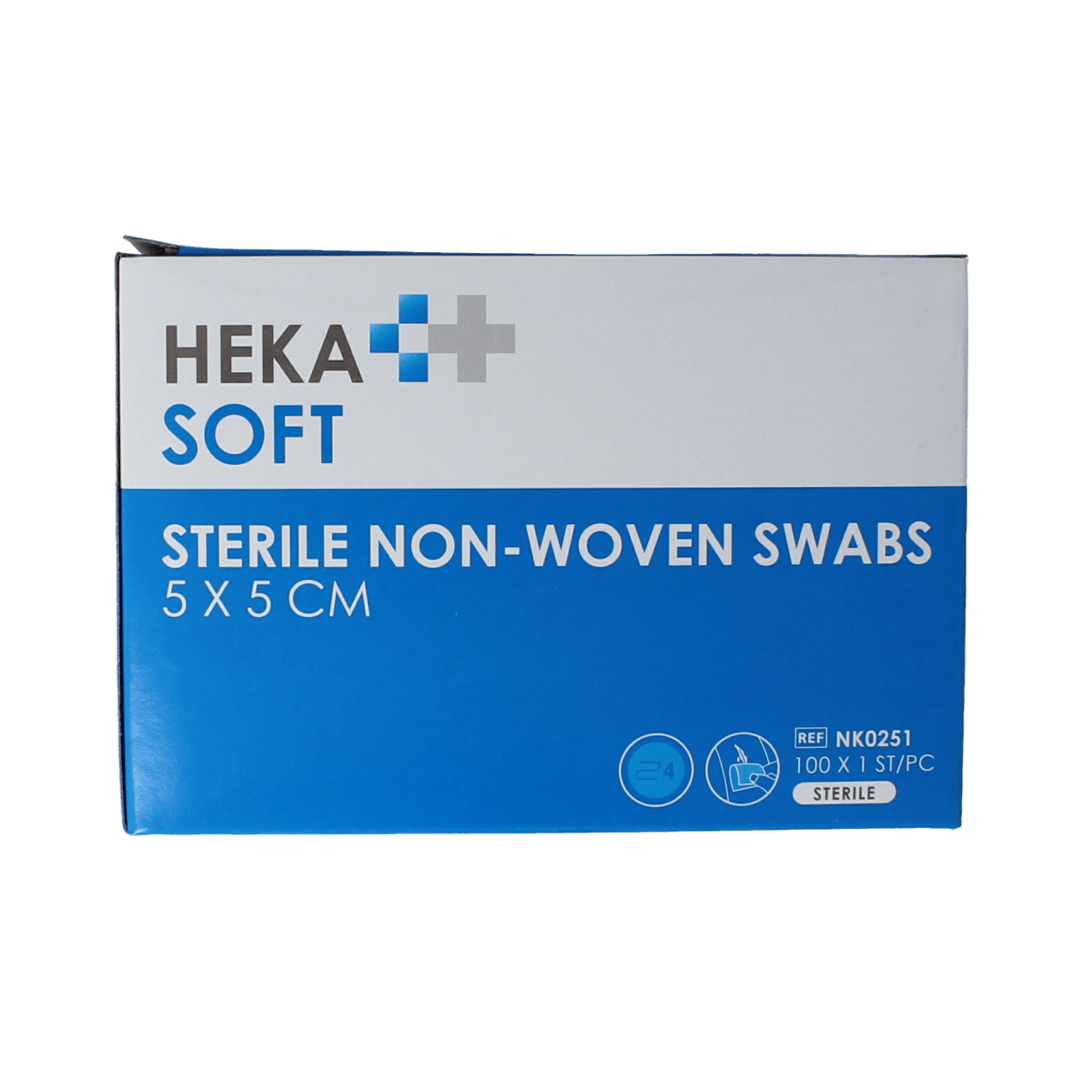 Heka Soft Non-woven sterile gauze compress 5x5 cm, pack of 100 sterile sterile medical gauze pads for wound care.