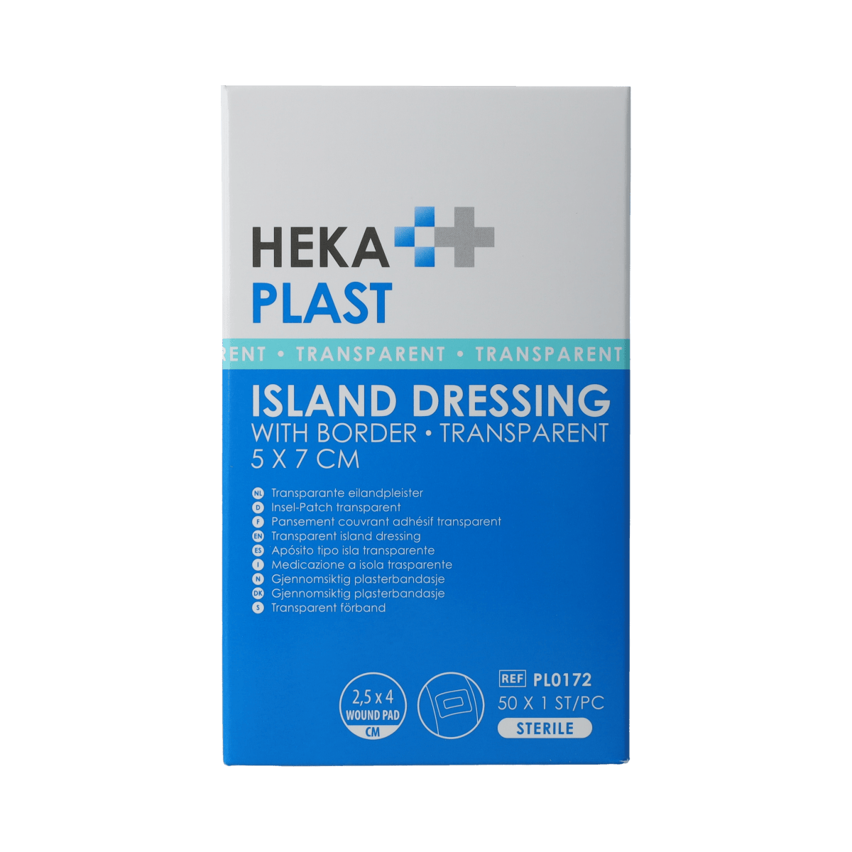 Transparent Hekaplast Border plasters, 5cm x 7cm, shown in a box of 50 for wound care and skin protection.