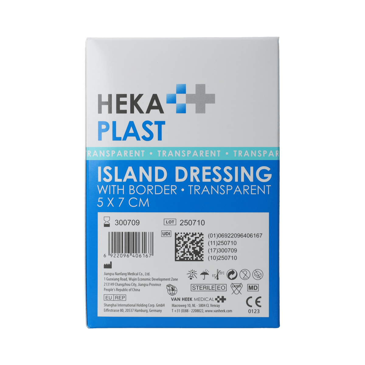 Transparent Hekaplast Border adhesive bandages, 5cm x 7cm, shown in a box of 50, for wound care and protection.