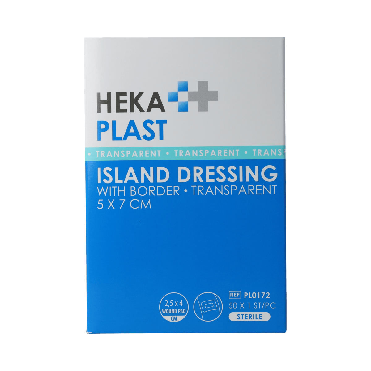 Transparent Hekaplast Border plasters, 5cm x 7cm, shown in a box with multiple sterile adhesive bandages for wound care.