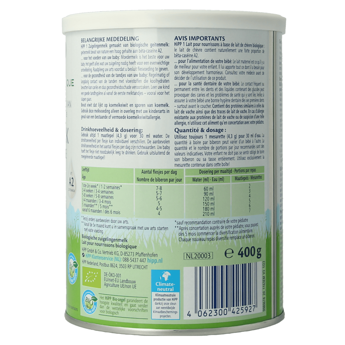 Hipp Baby en Peuter Voeding 400.00 Gram Hipp 1 Biologische zuigelingenmelk op basis van geitenm 400.00 Gram