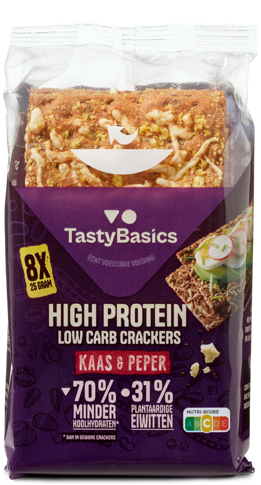 TastyBasics Less carb-high protein crackers kaas peper 200.00 Gram