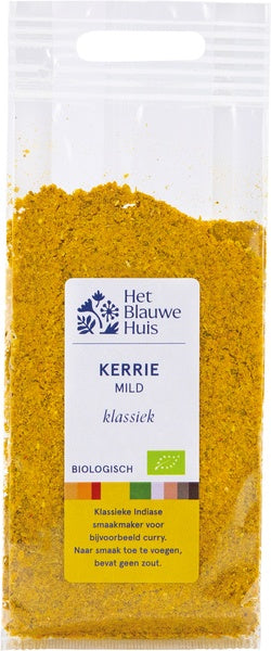 Mild organic Kerrie from Het Blauwe Huis in a 50g jar, featuring a colorful spice blend for flavorful dishes.