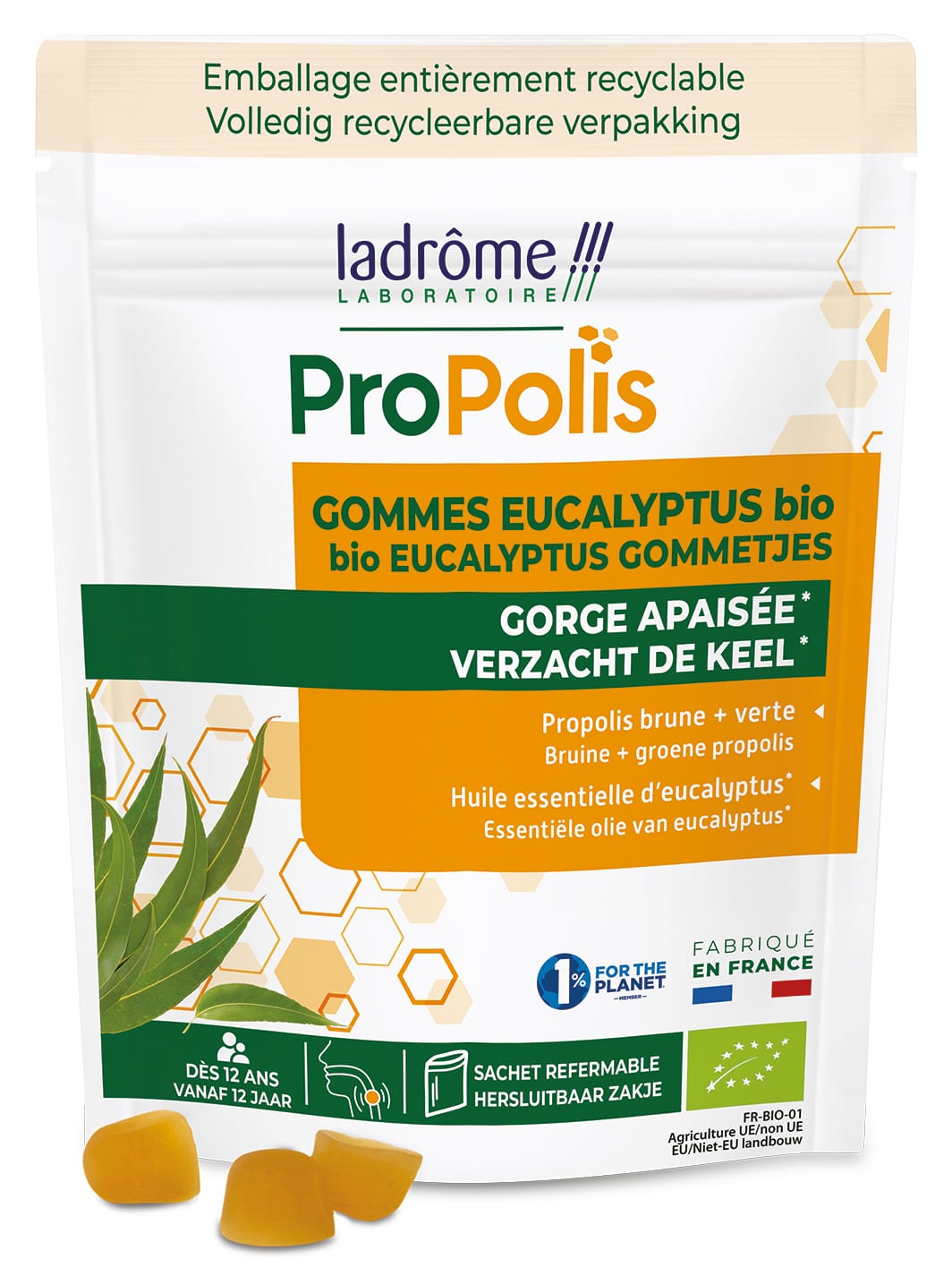Ladrome Propolis eucalyptus herbal lozenges in bio doypack, 45 grams, with natural herbal ingredients and packaging.