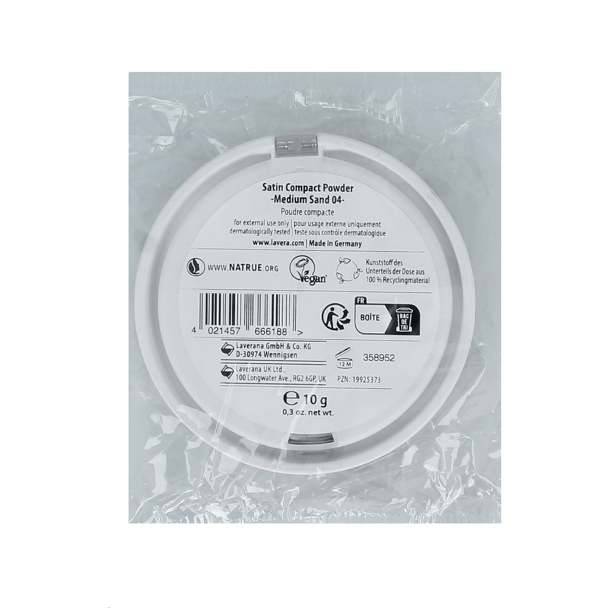Lavera Satin Compact Powder Medium Sand 04 in 10g, natural pressed face powder for a smooth, matte finish.