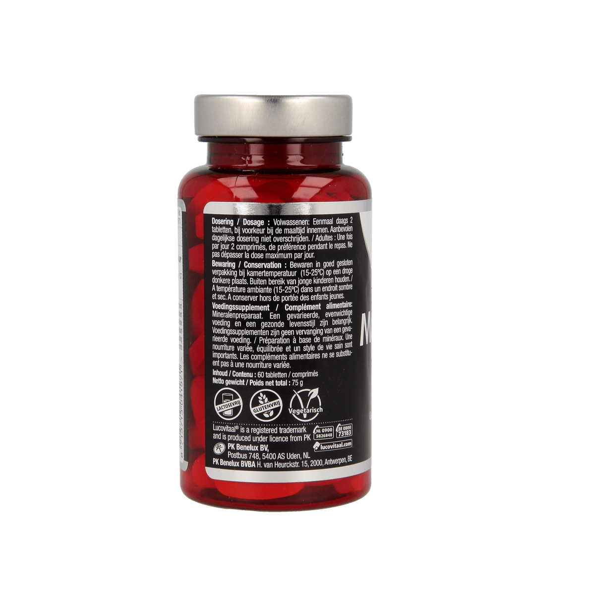 Lucovitaal Mineralen Enkel magnesiumcitraat 400mg supplement in a bottle of 60 tablets, showing the supplement tablets and label.