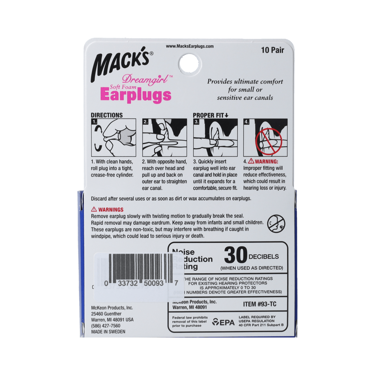 Macks Dreamgirl foam ear protection pair, soft hearing protection earplugs, white foam ear plugs for noise reduction