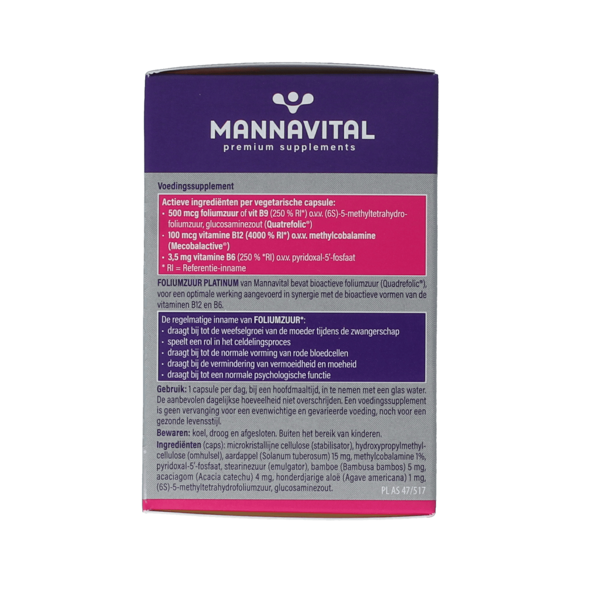 Mannavital Vitamine Enkel 90.00 Vegetarische capsules Mannavital Foliumzuur platinum 90.00 Vegetarische capsules
