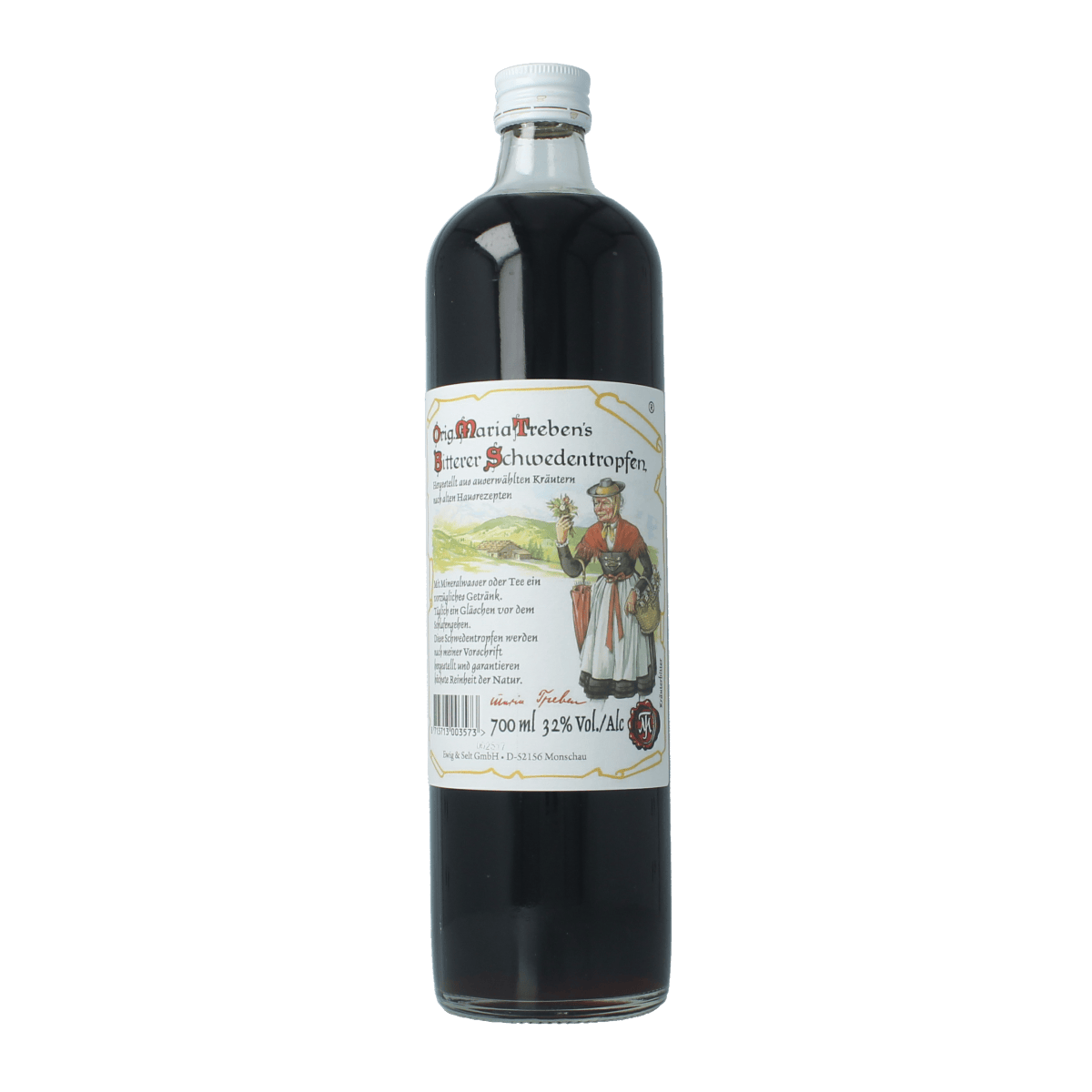 Maria Treben Schwedentropfen bitter herbal remedy in a 700ml bottle, part of Maria Treben's herbal preparations.