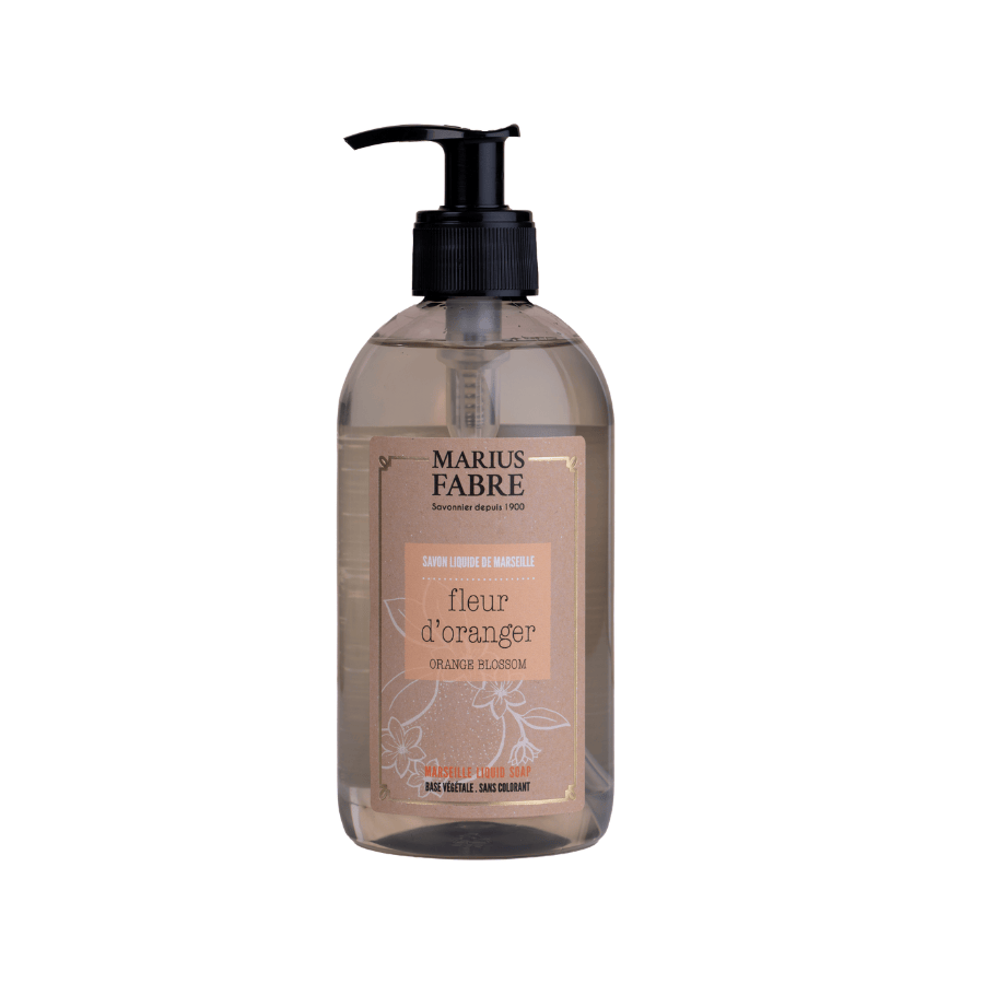 Marius Fabre Zeep Oranjebloesem in 400ml pump bottle, scented soap with orange blossom fragrance, displayed in a clear bottle.