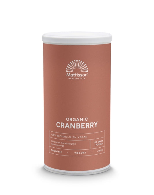 Mattisson organic cranberry powder in a 125g package, showing vibrant red powder in a clear container.