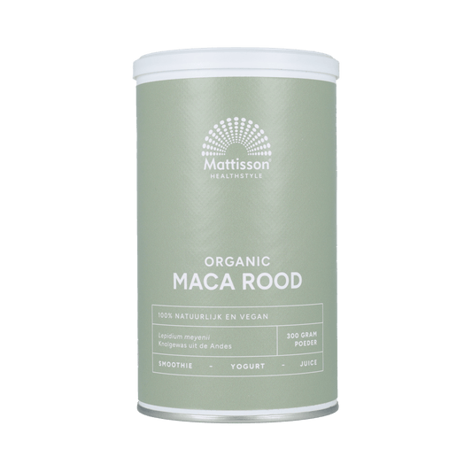 Organic Mattisson Maca Root powder in a 300g package, raw superfood with vibrant brown maca root granules.