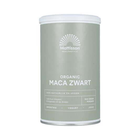 Mattisson Organic Maca Zwart in 300g, raw superfood powder with dark, earthy appearance, used for health and energy boosts.