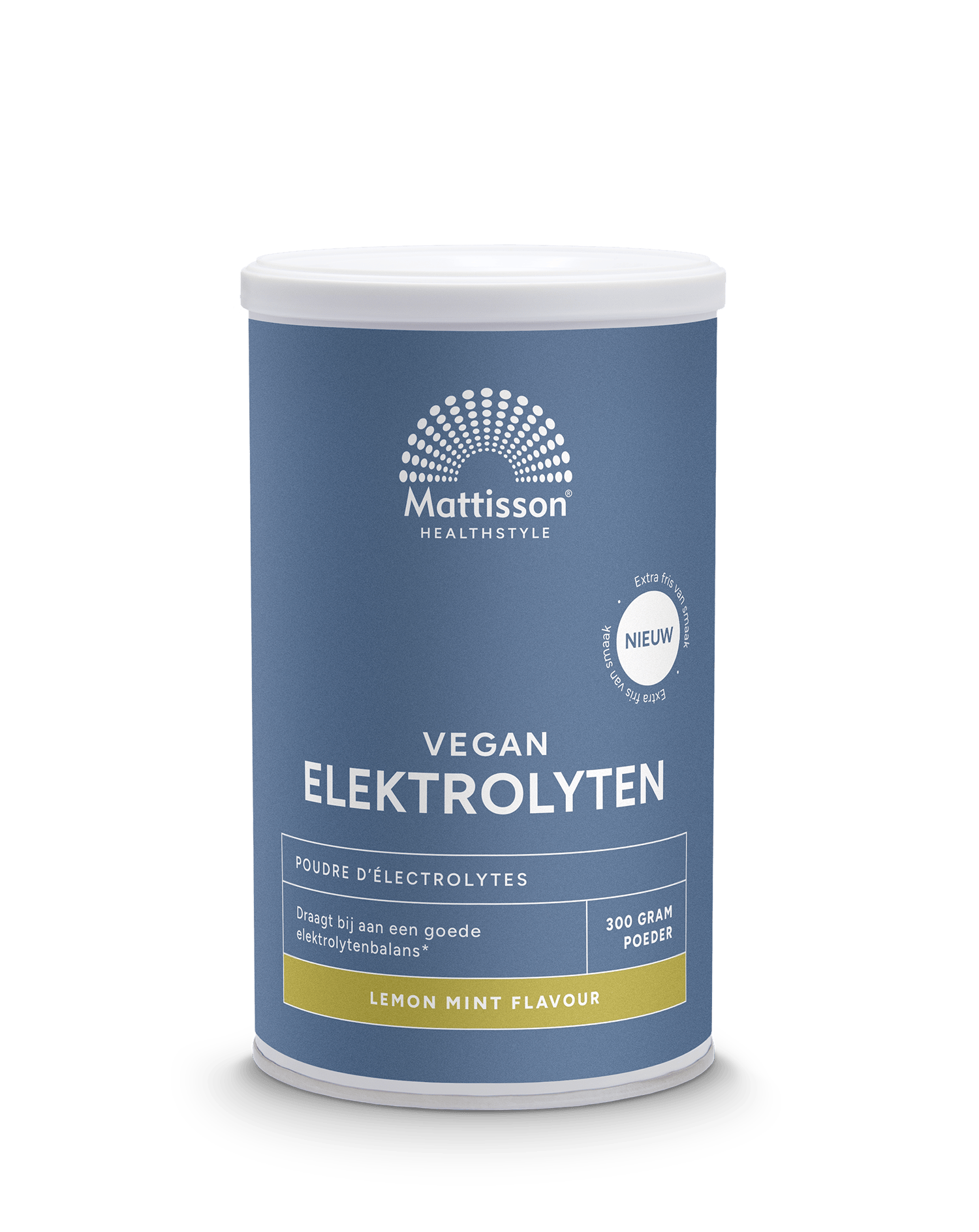 Mattisson Elektrolyten Poeder Lemon Mint 300g sports nutrition powder with lemon and mint flavor in a clear container.