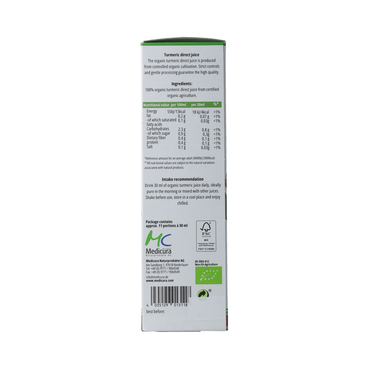 Medicura Dranken en Sappen 330.00 Milliliter Medicura Curcuma 100% sap Bio 330.00 Milliliter