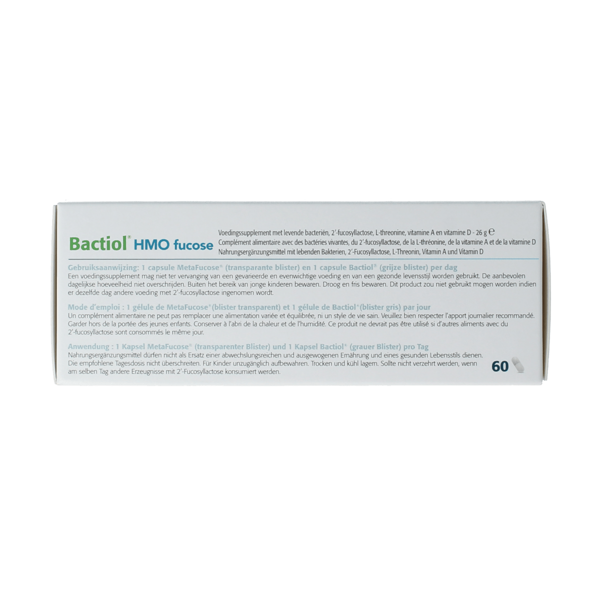 Metagenics Bactiol HMO Fucose micro-organisms capsules, 60 capsules, dietary supplement for gut health.