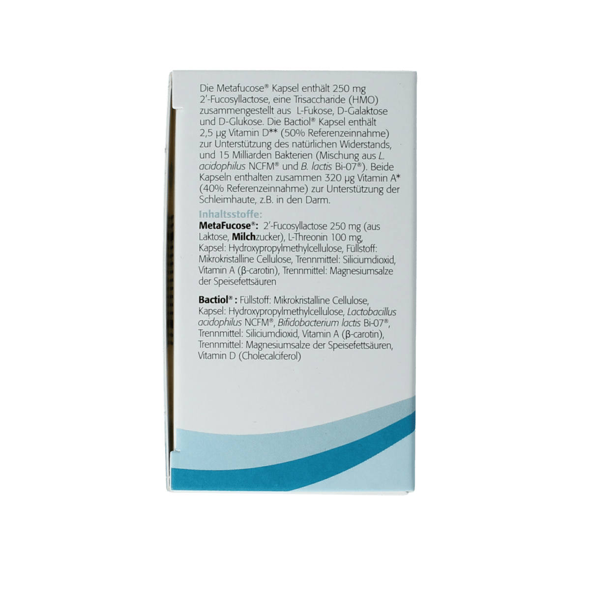 Metagenics Bactiol HMO Fucose micro-organisms capsules, 60-count bottle showing capsules and label detail