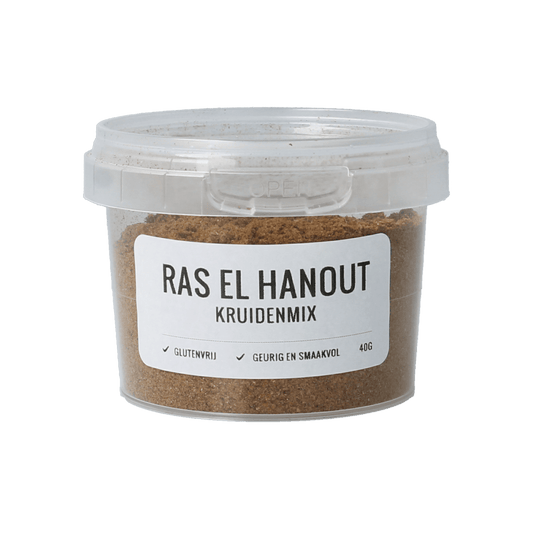 Myx Ras el Hanout kruidenmix glutenfree 40g, a blend of spices for flavorful cooking, shown in a clear packet with spices visible.