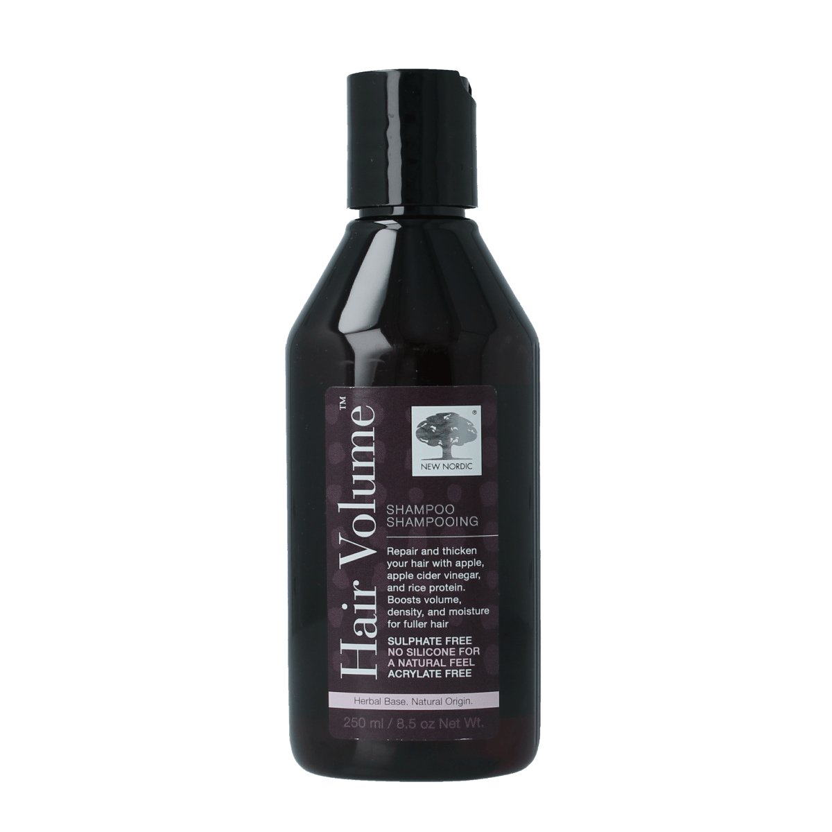 New Nordic Shampoo for hair volume, 250ml, nourishing hair care product featuring herbal ingredients for fuller, thicker hair.