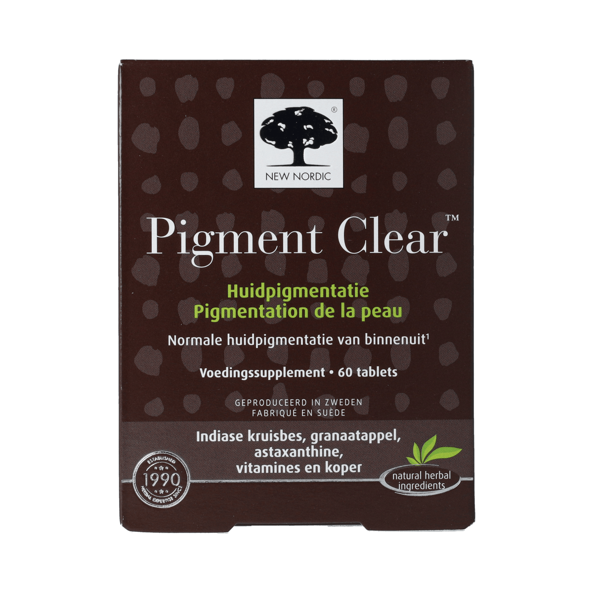 New Nordic Pigment Clear Skin Care herbal supplement tablets in a bottle, featuring natural ingredients for skin health.
