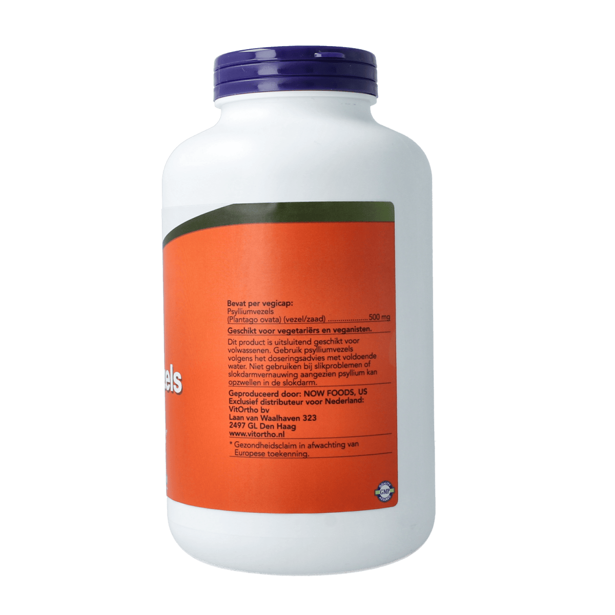 NOW Psylliumvezels 500mg vegetarian capsules, dietary fiber supplement in a white bottle with green label, showing capsules.