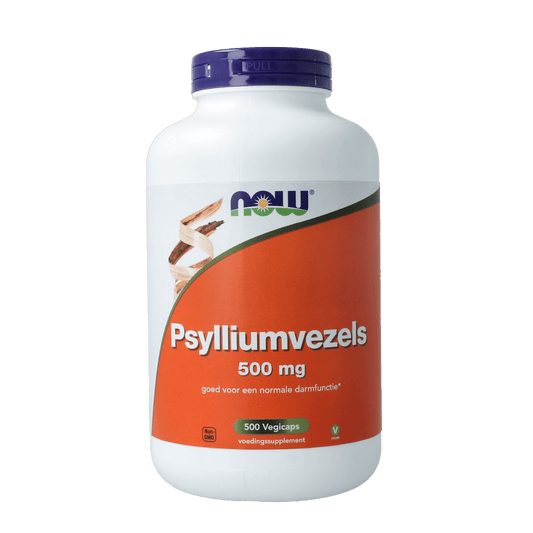 NOW Psylliumvezels 500mg vegetarian capsules, dietary fiber supplement in clear bottle with green label, shown close-up.