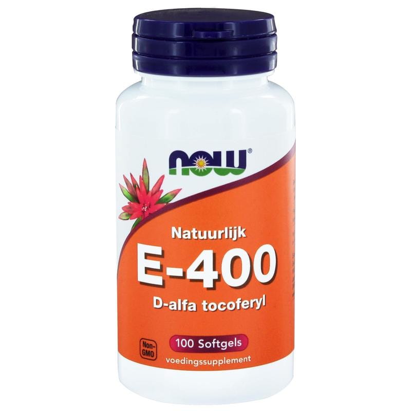 Bottle of NOW Vitamine E-400 d-alfa tocoferyl softgels, dietary supplement with 100 softgels in clear bottle with label