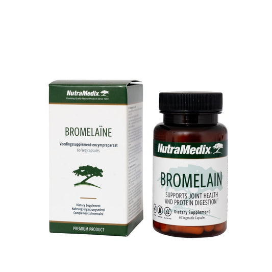 Bottle of Nutramedix Bromelaine 60 capsules, dietary supplement with enzyme capsules in a clear container with label.
