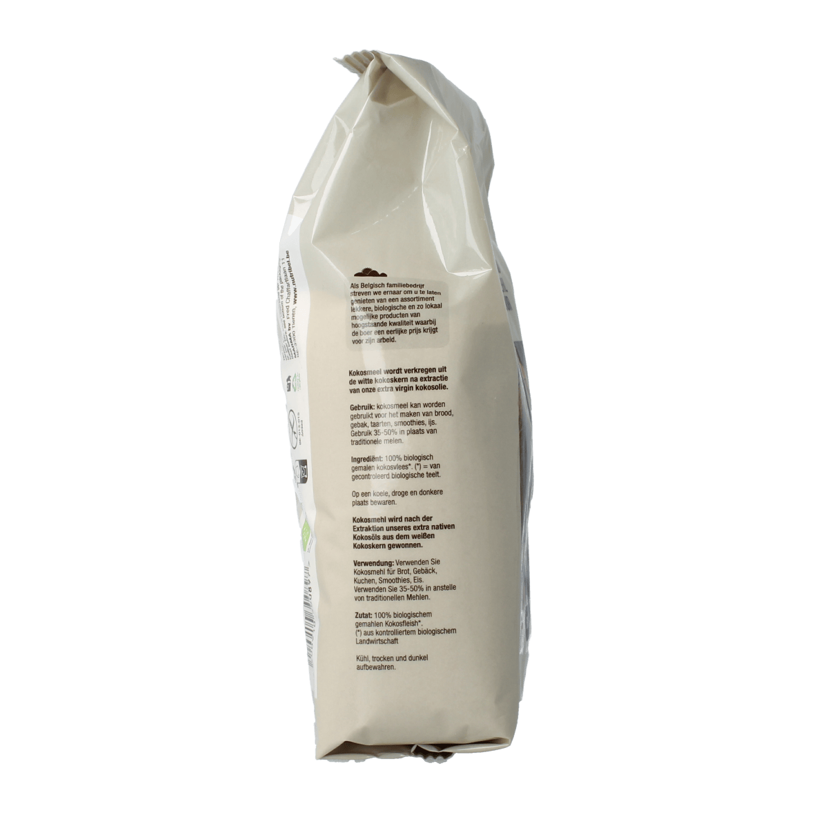 Nutribel gluten-free organic coconut flour in a 500g package, shown as a light, finely ground powder suitable for baking and cooking.