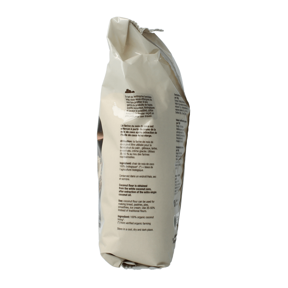 Nutribel gluten-free organic coconut flour in a 500g package, shown in a resealable bag on a kitchen countertop.