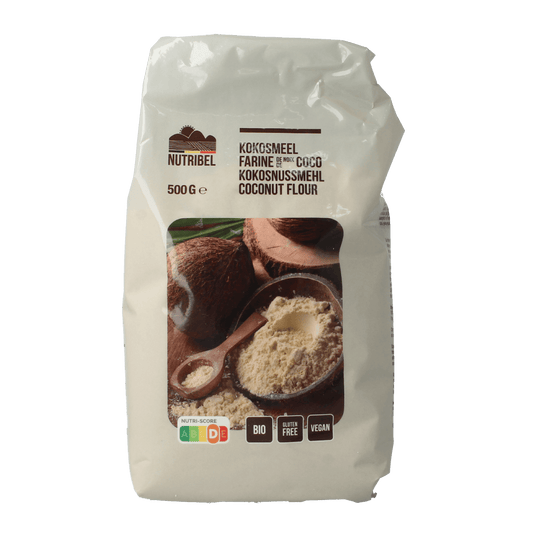 Nutribel gluten-free organic coconut flour in a 500g bag, ideal for baking and gluten-free recipes