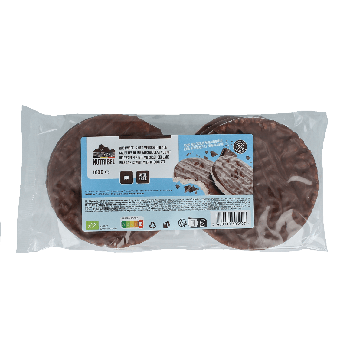 Nutribel rice cakes with milk chocolate, organic, 100 grams, showing crispy rice wafers coated with smooth milk chocolate.