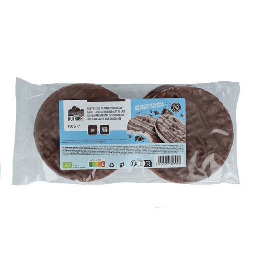 Nutribel rice cakes with milk chocolate, organic, 100 grams, showing crispy rice wafers coated with smooth milk chocolate.