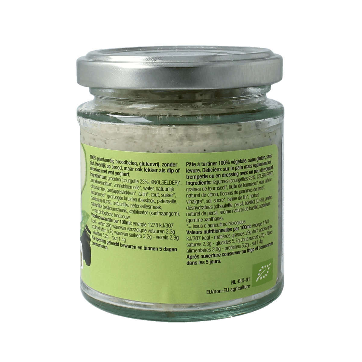 Nutribel kruiden spread gluten-free bio broodbeleg in 190ml jar, fresh herbs with natural ingredients for sandwiches or spreads.