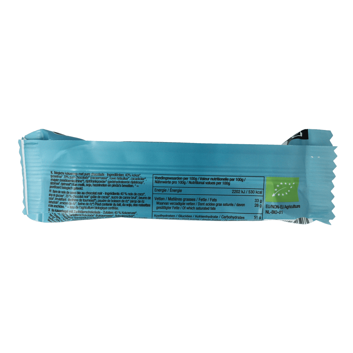 Nutribel organic coconut and pure chocolate bar, 40g, showing the coconut and chocolate layers in the product packaging.