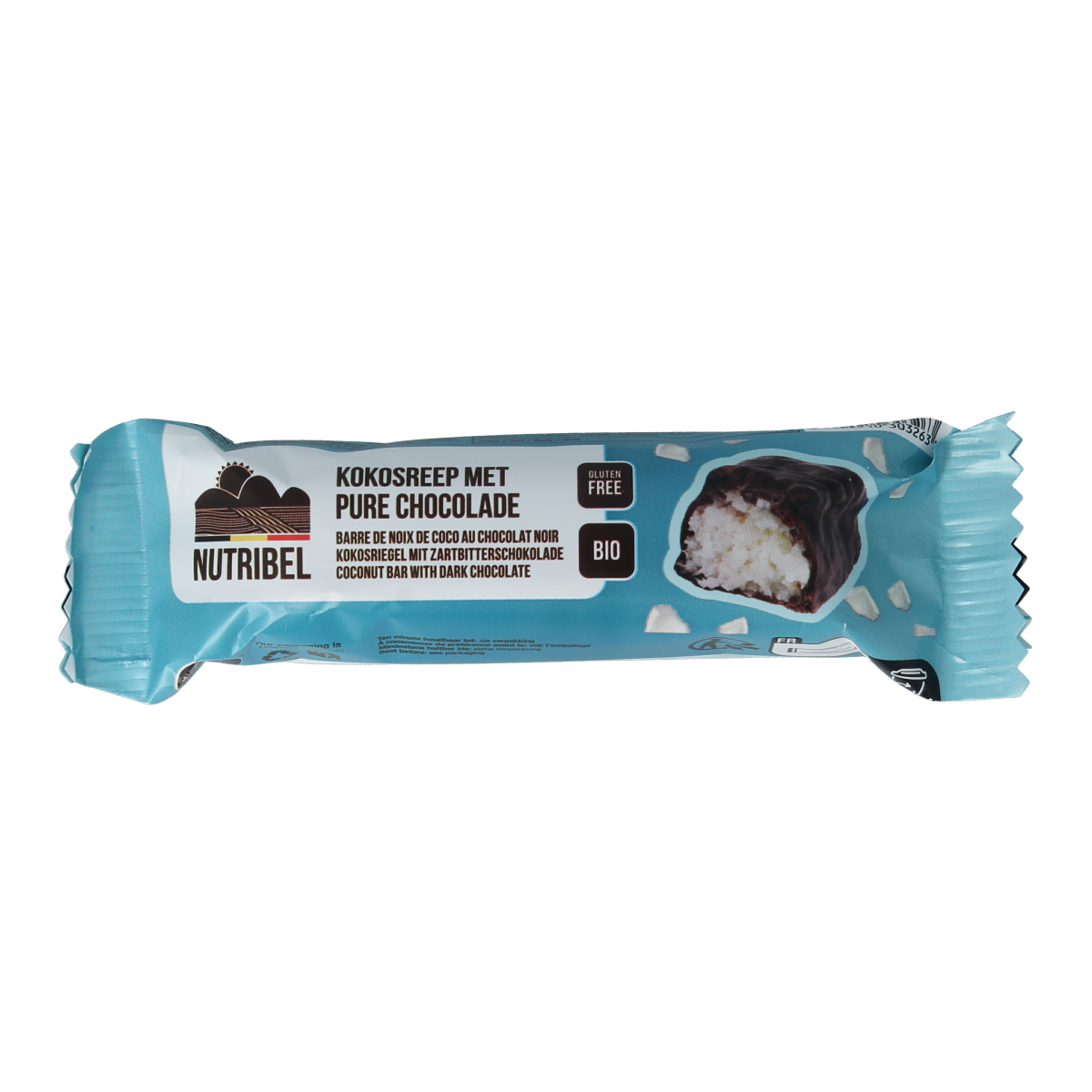 Nutribel coconut and dark chocolate bar, organic coconut and pure chocolate, 40g, with visible coconut flakes and chocolate coating.