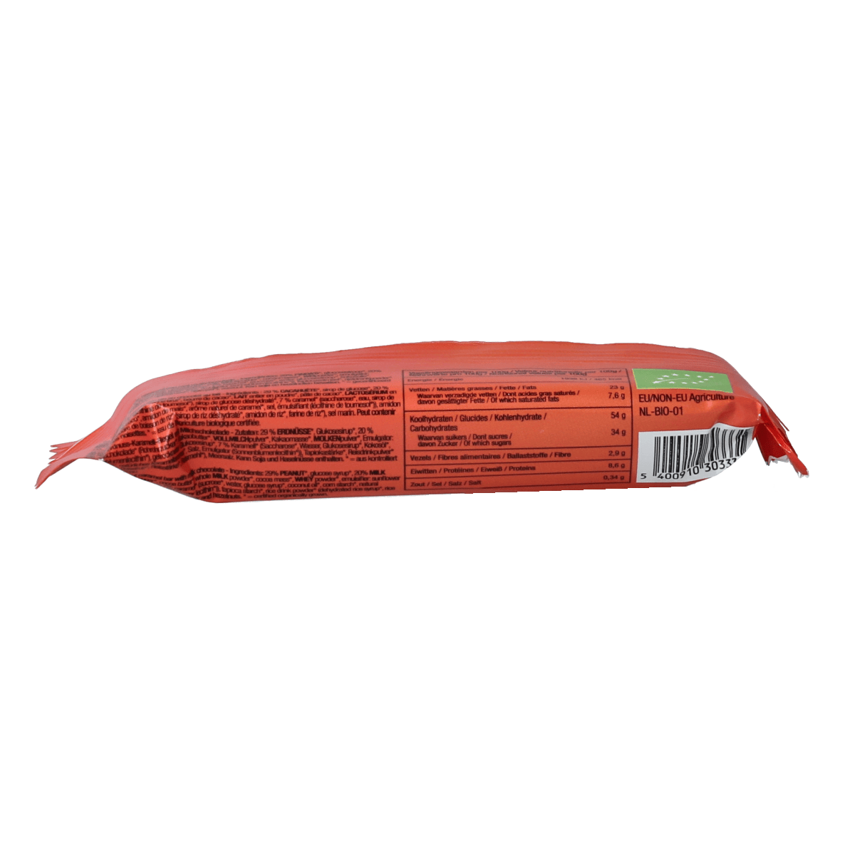 Nutribel milk chocolate bar with caramel and peanut filling, 40g, organic Belgian chocolate, shown in the image.