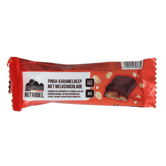 Nutribel Pinda Karamel Reep melkchocolade bio chocolade bar, 40g, with caramel and peanut flavor, wrapped in foil.