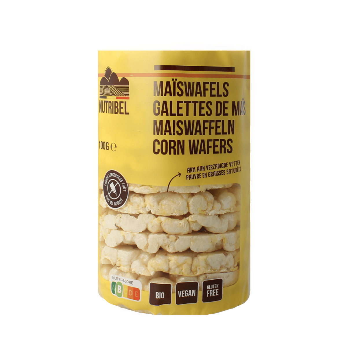 Nutribel gluten-free organic corn wafers without salt, 100g, close-up of crunchy, golden corn cookies in a clear package.