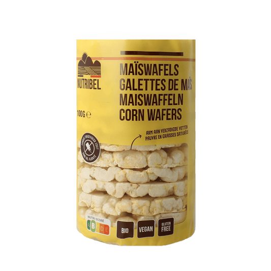Nutribel gluten-free organic corn wafers without salt, 100g, close-up of crunchy, golden corn cookies in a clear package.