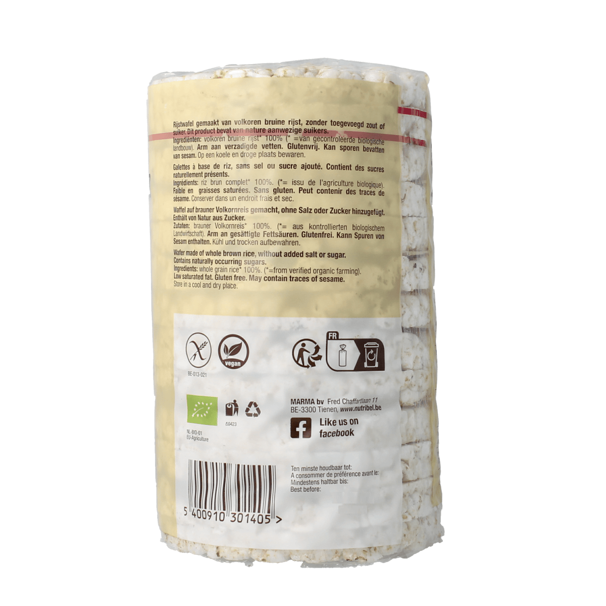 Nutribel gluten-free, unsalted rice cakes in a 100g package, natural and organic, suitable for gluten-free and healthy snack options.