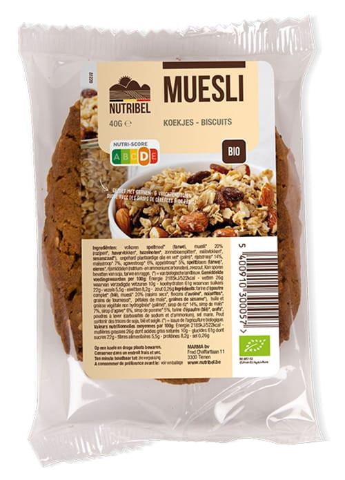 Nutribel Spel mueslikoek bio, 40 grams, showing a golden-brown crunchy cereal cookie on a white background.