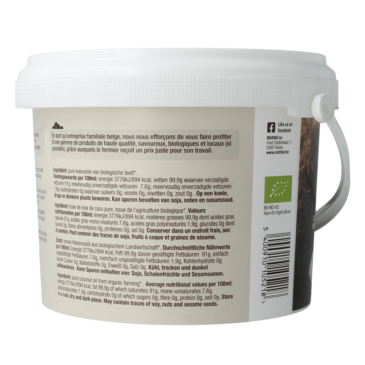 Nutribel geurloze biologische kokosolie in 1500 ml bottle, natural oil suitable for cooking and skincare.