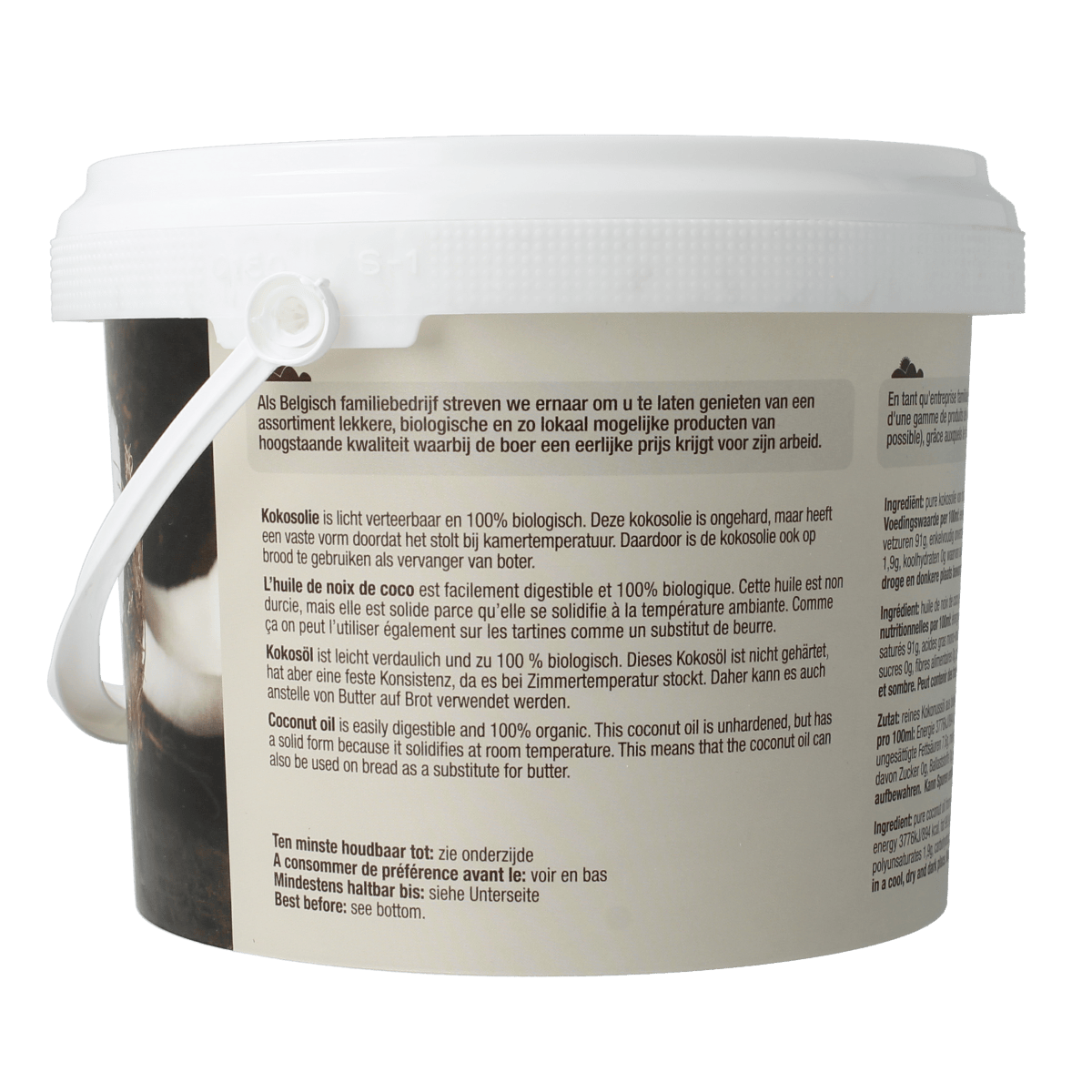 Nutribel geurloze biologische kokosolie in 1500 ml, natural cooking oil from Nutribel, with a clear container and coconut appearance.