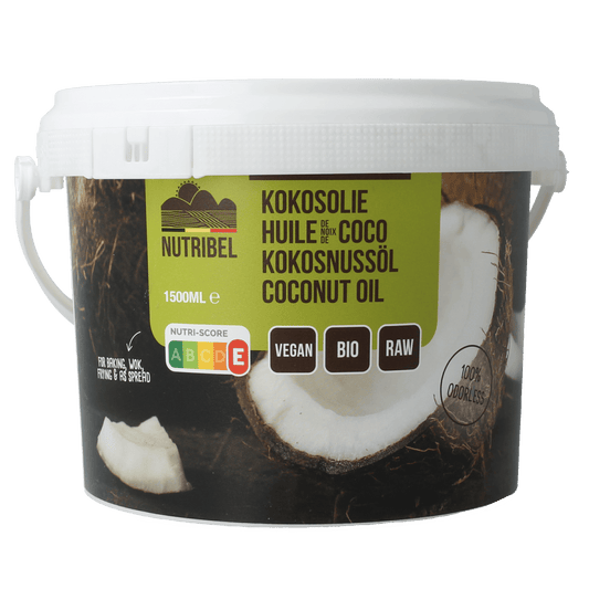 Nutribel geurloze biologische kokosolie in 1500 ml bottle, pure coconut oil for cooking and skincare, natural and versatile.