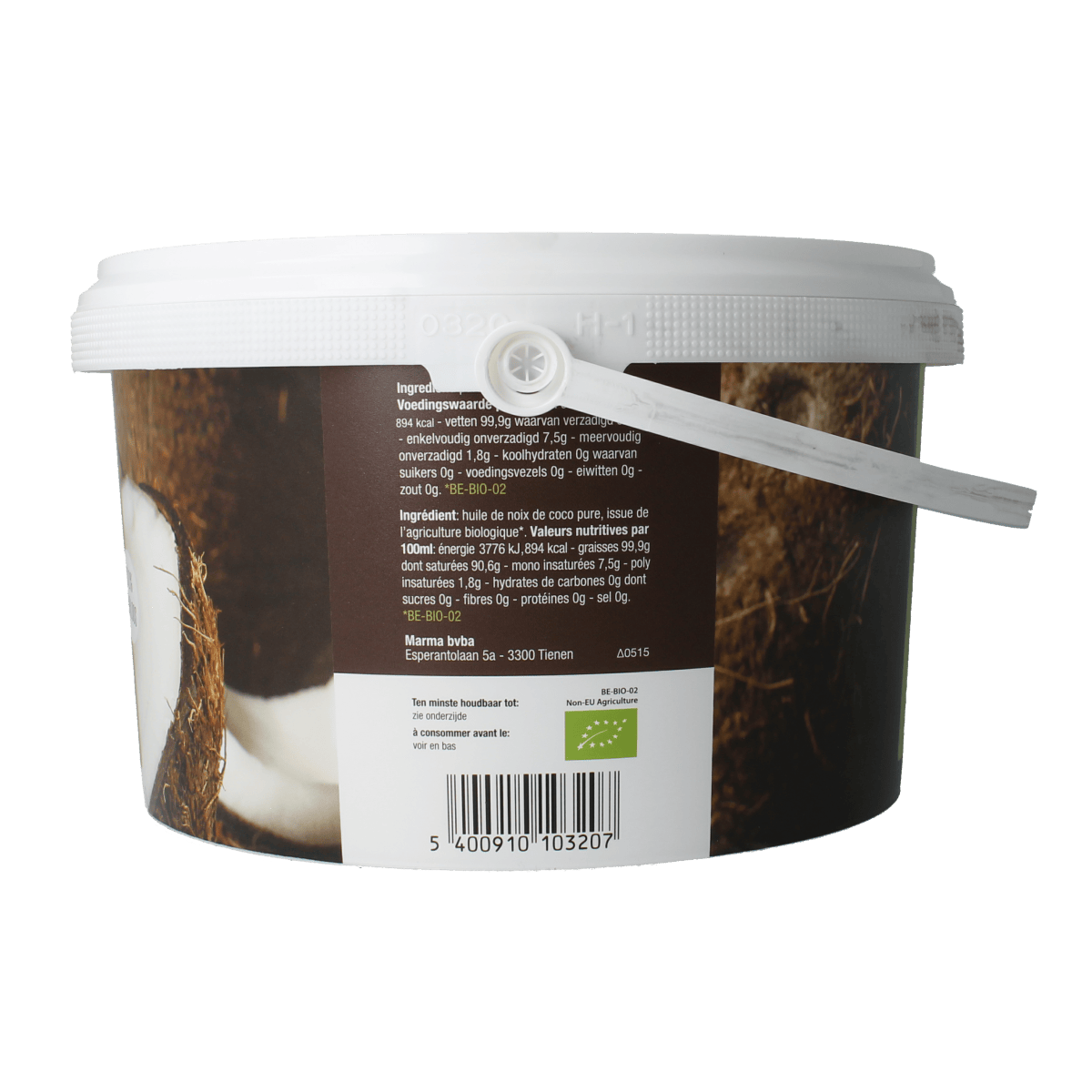 Nutribel geurloze biologische kokosolie in een 2500 ml fles, geschikt voor koken en bakken, hoogwaardige olie en vetten.